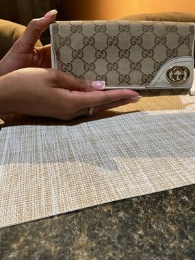 Gucci Beige/Tan Monogram Continental Wallet with Gold Logo